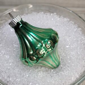 Shiny Brite Green Spinning Top Ribbed Glass Christmas Ornament Made in USA 1